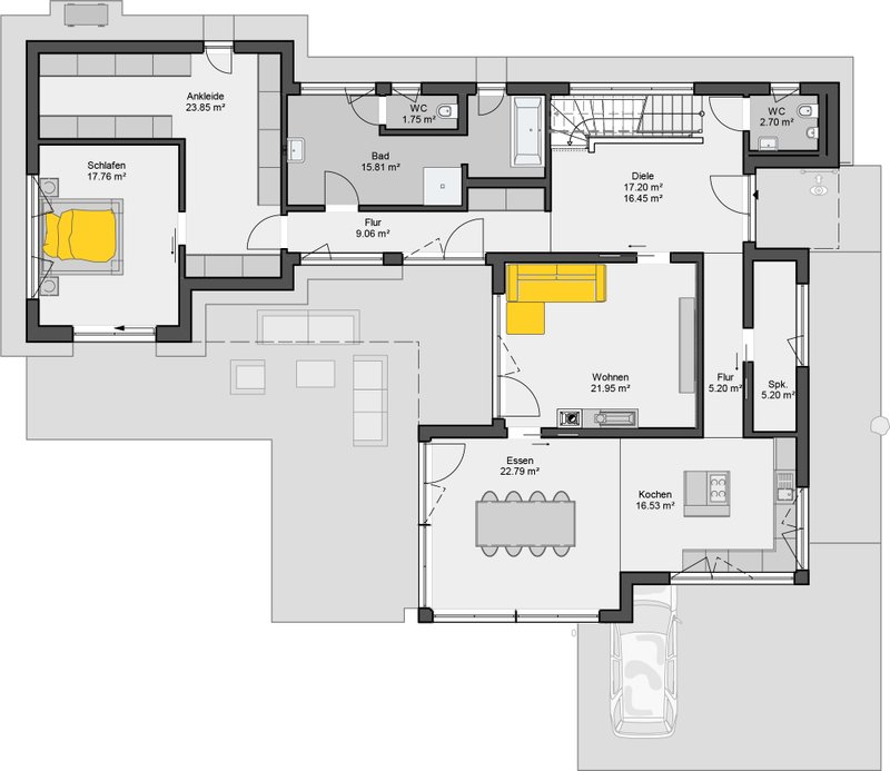 Einfamilienhaus mit Satteldach Grundriss Erdgeschoss mit offenem Wohn-Ess-Kochbereich und separatem Arbeitsplatz