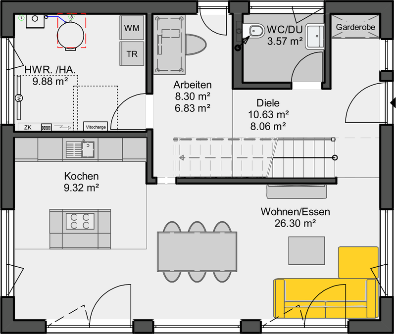 Einfamilienhaus mit Satteldach Grundriss Erdgeschoss mit offener Küche und separatem Arbeitszimmer