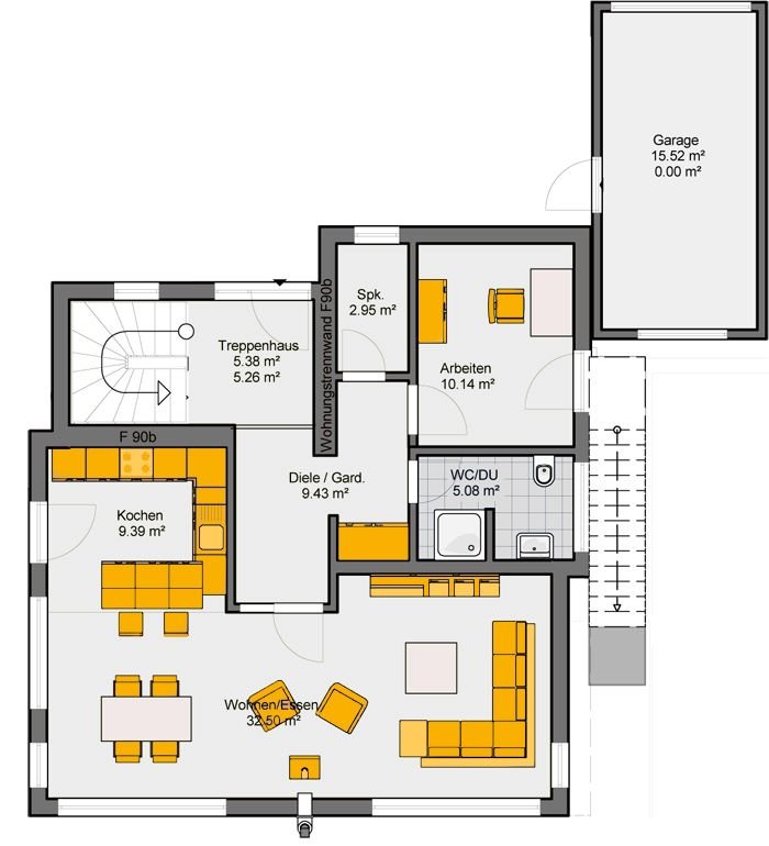 Einfamilienhaus mit Satteldach Grundriss Erdgeschoss mit offenem Wohnbereich und angeschlossener Garage
