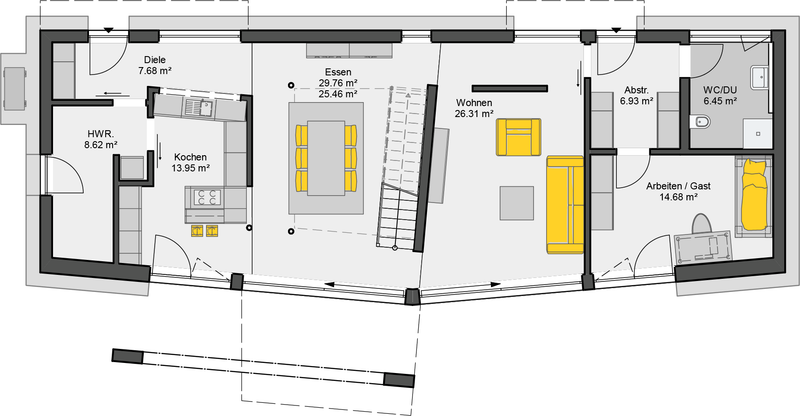 Mehrfamilienhaus Grundriss Erdgeschoss mit offener Küche, Wohnbereich und separatem Arbeitszimmer