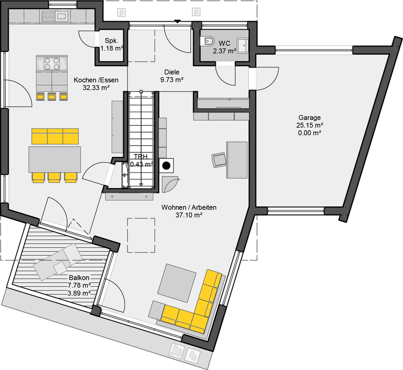 Bungalow Flachdach Grundriss Erdgeschoss mit offenem Wohnbereich, Küche, Garage und Balkon