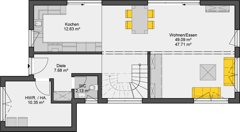 Einfamilienhaus mit Flachdach Grundriss Erdgeschoss offener Wohnbereich mit Küche und separatem WC