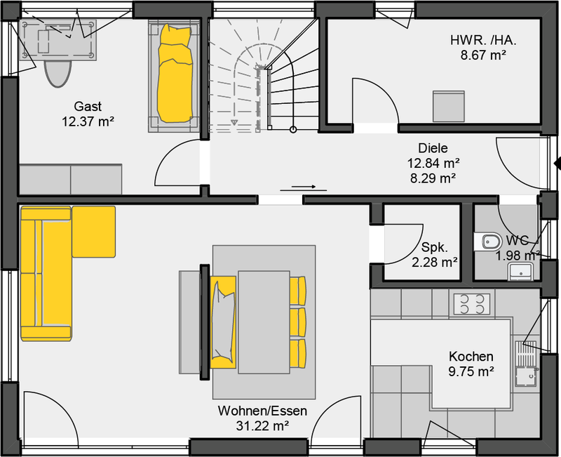 Grundriss Erdgeschoss eines Einfamilienhauses mit Wohn-Esszimmer, Küche, Gästezimmer und Diele
