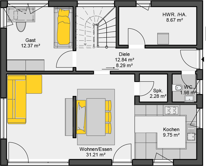 Einfamilienhaus Satteldach Grundriss Erdgeschoss mit offener Wohnküche und separatem Gästezimmer