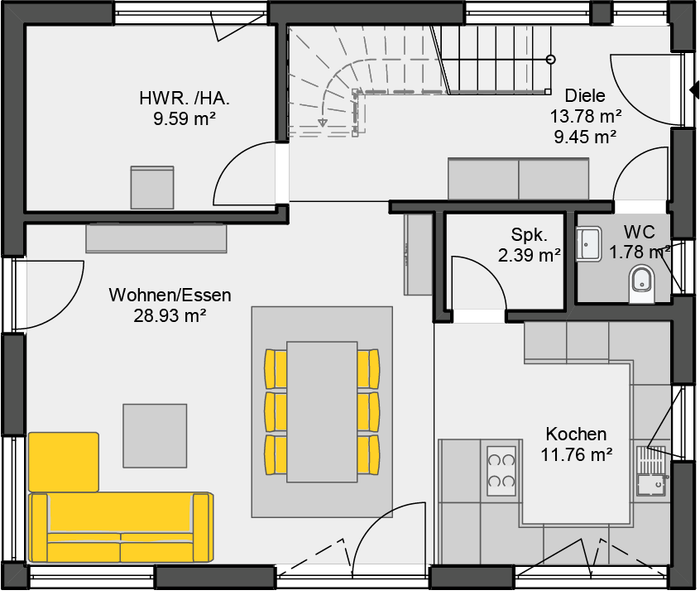 Einfamilienhaus mit Satteldach Grundriss Erdgeschoss mit Wohn-Essbereich, Küche, Diele und Sauna