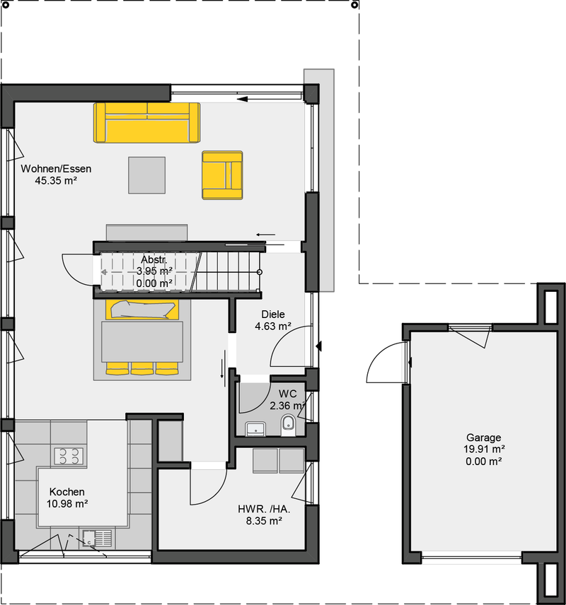 Einfamilienhaus mit Flachdach Grundriss Erdgeschoss - Garage, Wohn-Essbereich und überdachte Terrasse