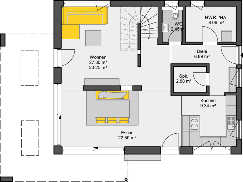 Einfamilienhaus Grundriss Erdgeschoss mit offenem Wohn-Ess-Bereich, Küche und Wendeltreppe