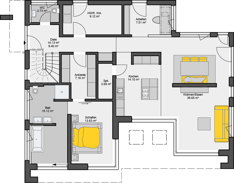 Grundriss Erdgeschoss eines Einfamilienhauses mit offenem Wohn-Essbereich (39,65 m²) und geschwungener Treppe