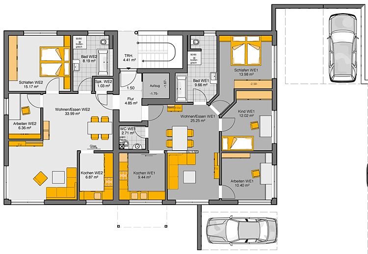 Bungalow mit Flachdach Grundriss Erdgeschoss mit Garage, vier Schlafzimmern und offenem Wohnbereich