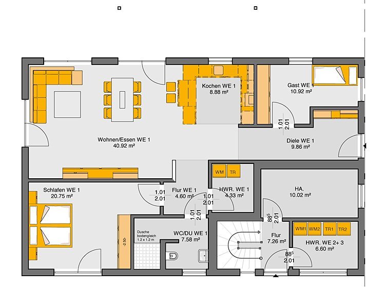 Bungalow Flachdach Grundriss Erdgeschoss mit Wohn-Essbereich 40m², Schlafzimmer und Hauswirtschaftsraum