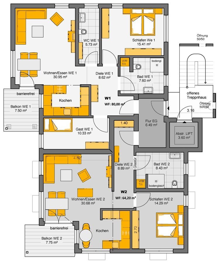 Doppelhaus mit Flachdach Grundriss Erdgeschoss mit zwei Wohneinheiten und zentralem Treppenhaus