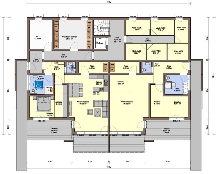 Doppelhaus mit Satteldach Grundriss Erdgeschoss mit je 3 Schlafzimmern und offenem Wohnbereich