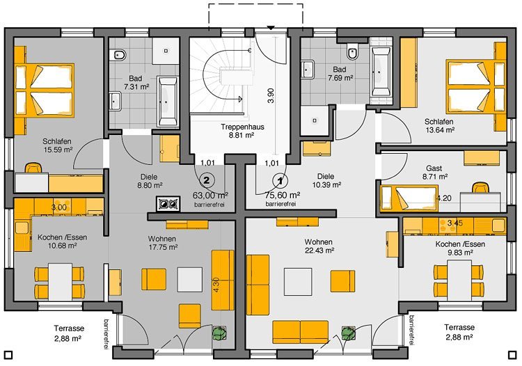 Doppelhaus mit Satteldach Grundriss Erdgeschoss - zwei Wohneinheiten mit je Wohn-Essbereich und Terrasse