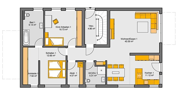 Bungalow mit Flachdach Grundriss Erdgeschoss mit offenem Wohn-Ess-Bereich und zwei Schlafzimmern