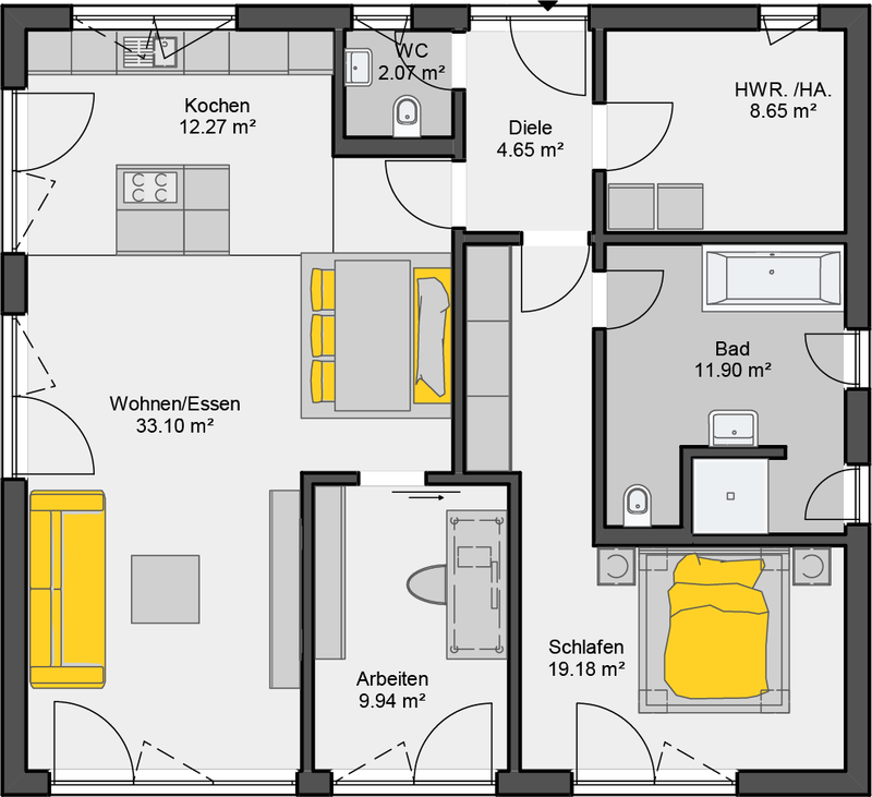 Bungalow-Grundriss mit offenem Wohn-Essbereich, separater Küche, Schlafzimmer und Bad mit Fitnessraum
