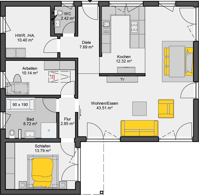 Bungalow mit Flachdach Grundriss Erdgeschoss - offener Wohn-Ess-Kochbereich und zwei Schlafzimmer