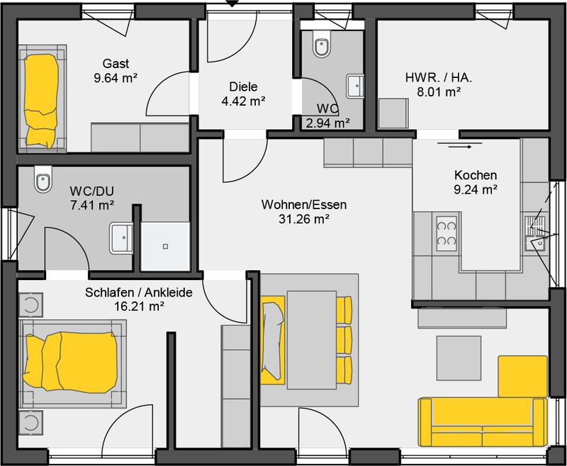 Bungalow-Grundriss mit offenem Wohn-Essbereich, Gästezimmer und Hauswirtschaftsraum auf einer Ebene