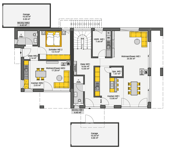 Doppelhaus mit Satteldach Grundriss Erdgeschoss - zwei separate Wohneinheiten mit Garage