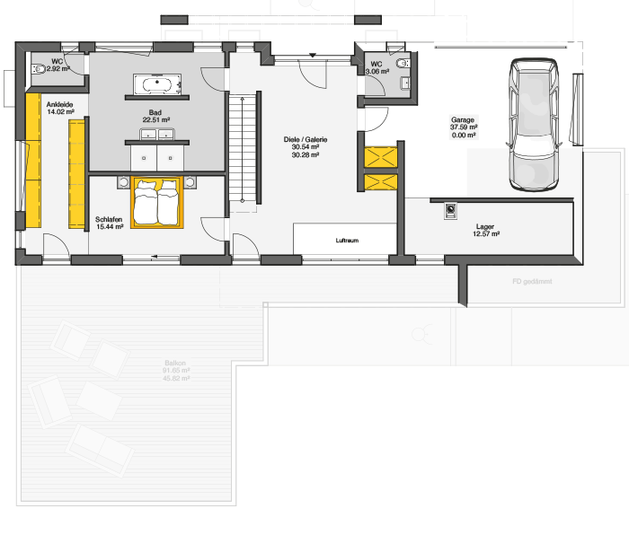 Einfamilienhaus mit Satteldach - Grundriss Erdgeschoss mit Garage, Arbeitszimmer und offenem Wohnbereich