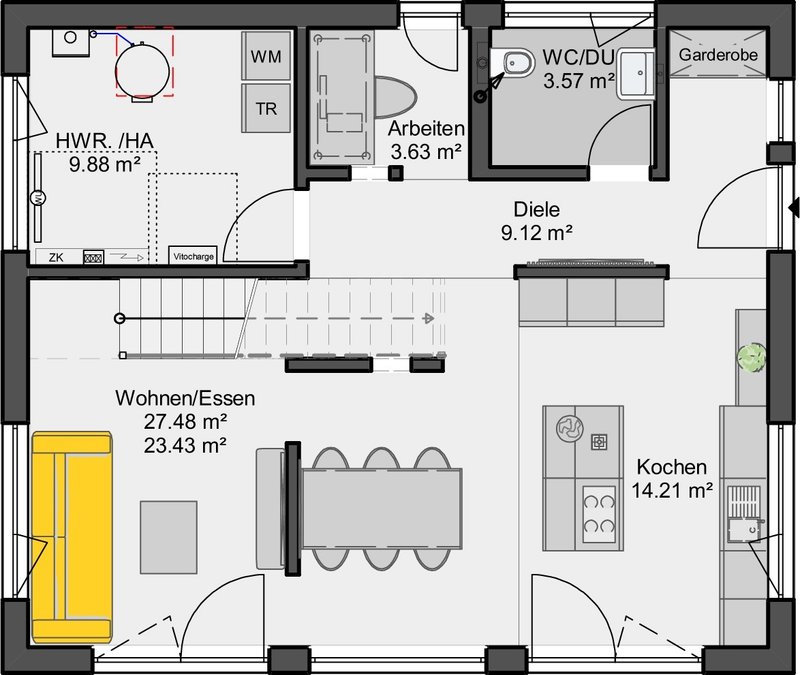 Einfamilienhaus mit Flachdach Grundriss Erdgeschoss mit offenem Wohn-Essbereich und separatem Arbeitszimmer