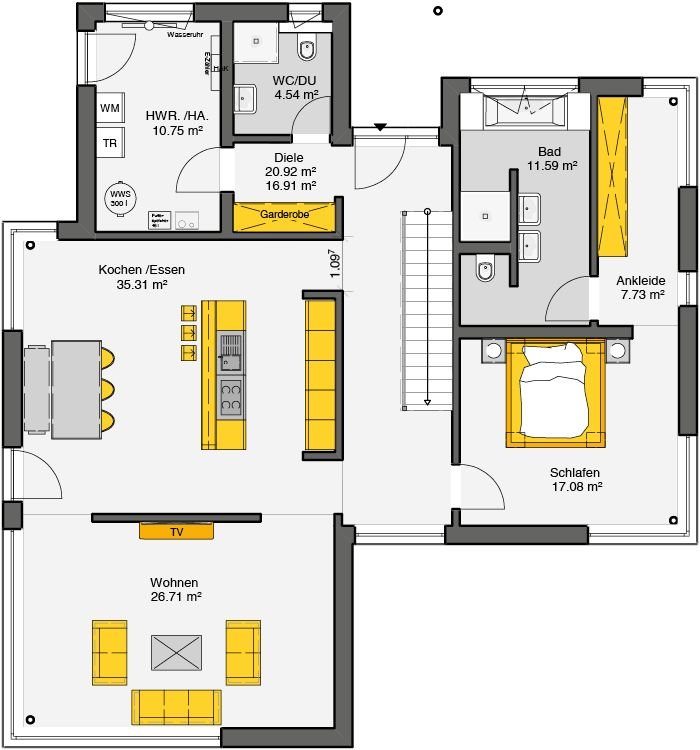 Einfamilienhaus mit Satteldach Grundriss Erdgeschoss mit offenem Wohn-Essbereich und separatem Gäste-WC