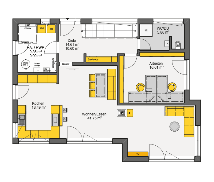 Einfamilienhaus Satteldach Grundriss Erdgeschoss mit offenem Wohnbereich und separatem Arbeitszimmer