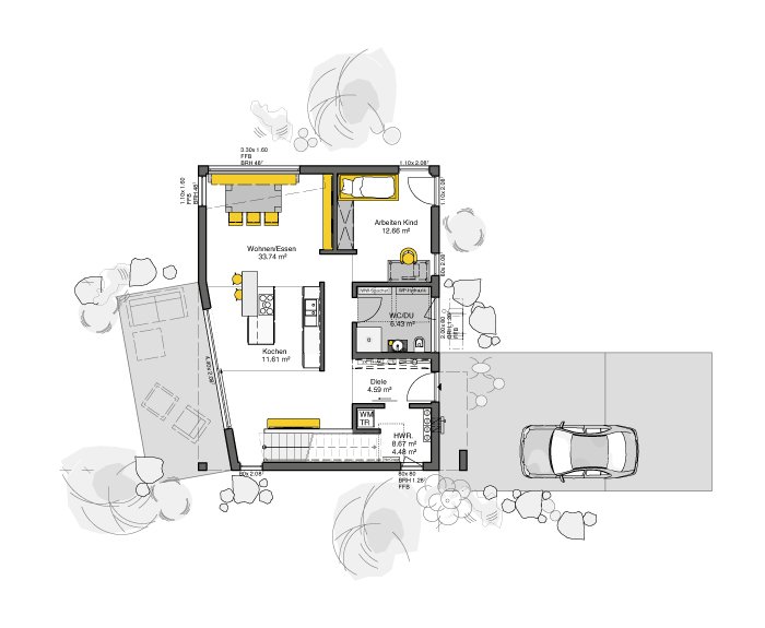 Einfamilienhaus mit Flachdach Grundriss Erdgeschoss mit offenem Wohnbereich und separater Küche