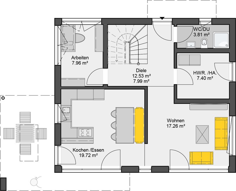 Einfamilienhaus Grundriss Erdgeschoss mit offenem Wohn-Essbereich und separatem Arbeitsbereich