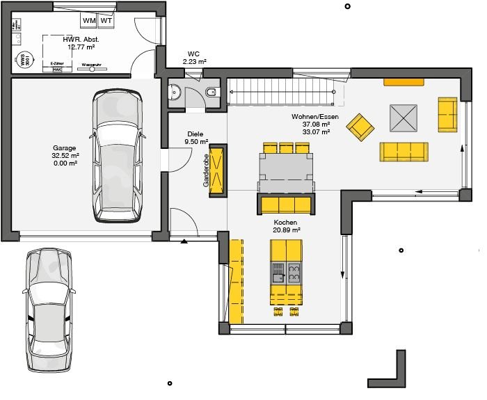Einfamilienhaus mit Satteldach Grundriss Erdgeschoss mit Garage, offenem Wohnbereich und Gäste-WC