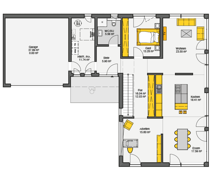 Einfamilienhaus mit Satteldach Grundriss Erdgeschoss mit Garage, offener Wohn-Ess-Küchen-Bereich