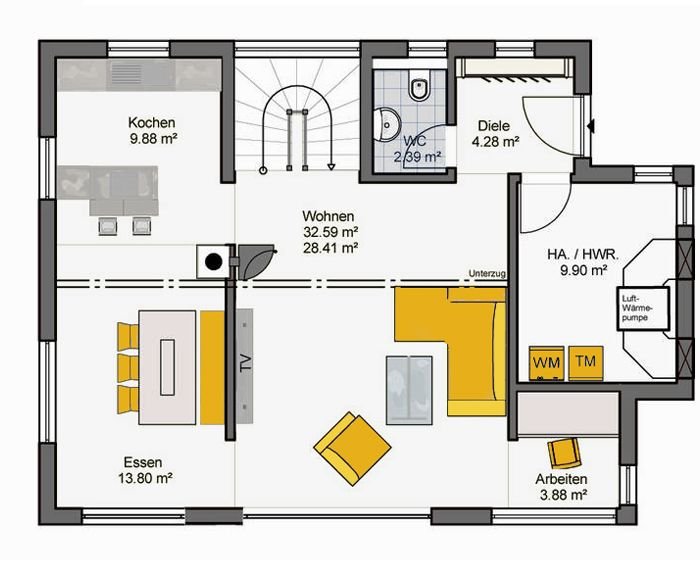 Einfamilienhaus mit Satteldach Grundriss EG mit offenem Wohn-Ess-Kochbereich und zentraler Treppe