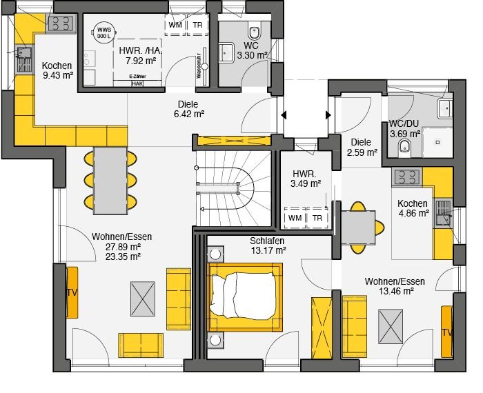 Doppelhaus mit Satteldach Grundriss Erdgeschoss - zwei spiegelbildliche Haushälften mit je eigenem Eingang
