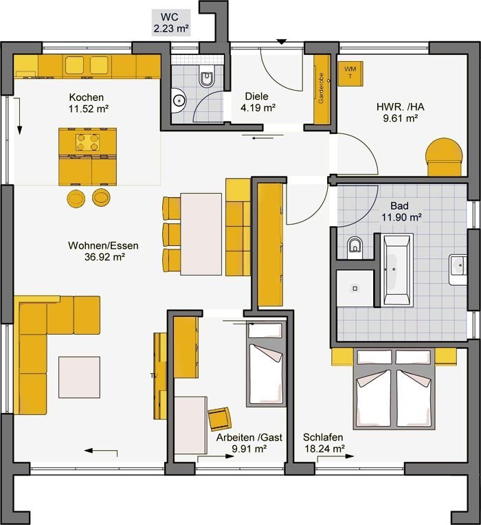 Bungalow Flachdach Grundriss Erdgeschoss mit offenem Wohn-Essbereich und separatem Arbeitszimmer