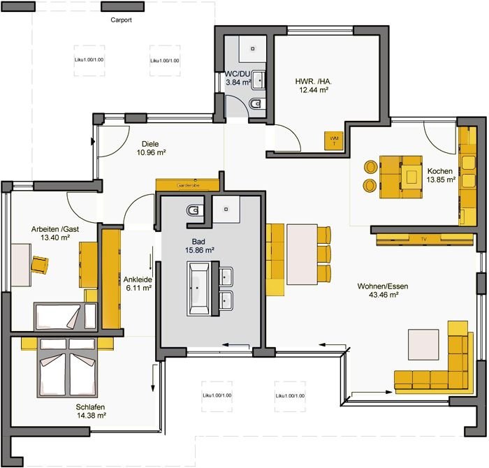 Bungalow Flachdach Grundriss mit offenem Wohn-Essbereich 43,46 m² und separatem Arbeitszimmer