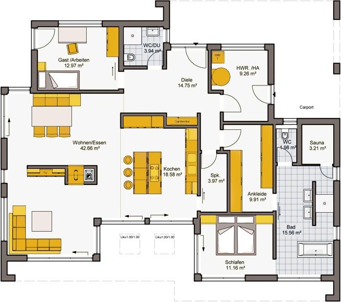 Bungalow mit Flachdach Grundriss – offener Wohnbereich, Gästezimmer, Sauna und Carport