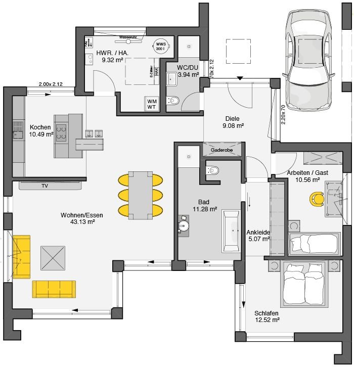 Bungalow mit Flachdach Grundriss Erdgeschoss - drei Schlafzimmer, Wohn-Essbereich 43,19 m², integrierte Garage