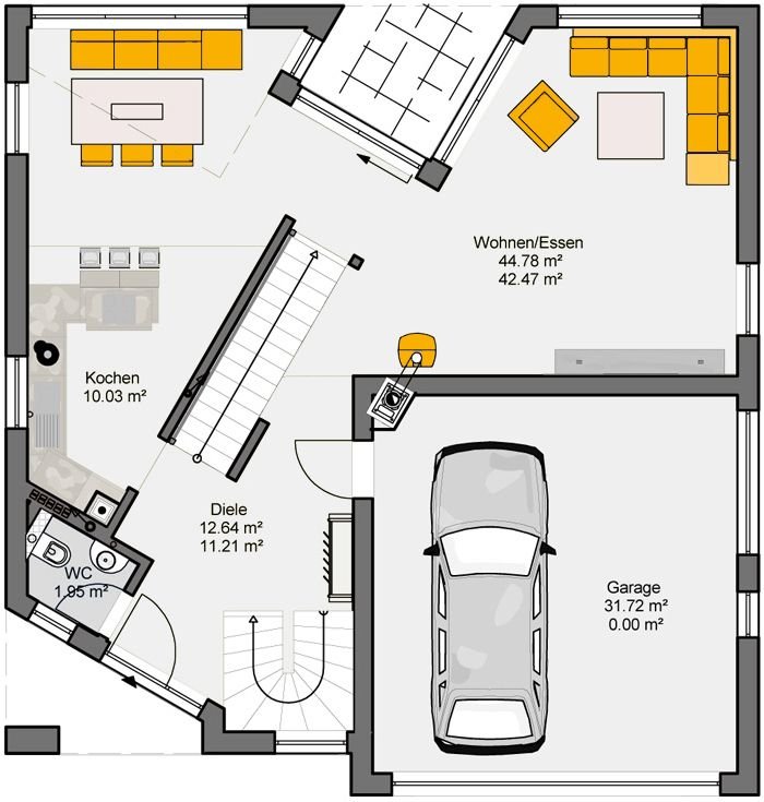 Einfamilienhaus mit Satteldach Grundriss Erdgeschoss - offener Wohnbereich, Küche, WC und Garage