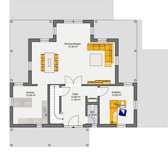 Einfamilienhaus mit Satteldach Grundriss Erdgeschoss mit offenem Wohnbereich und Arbeitszimmer