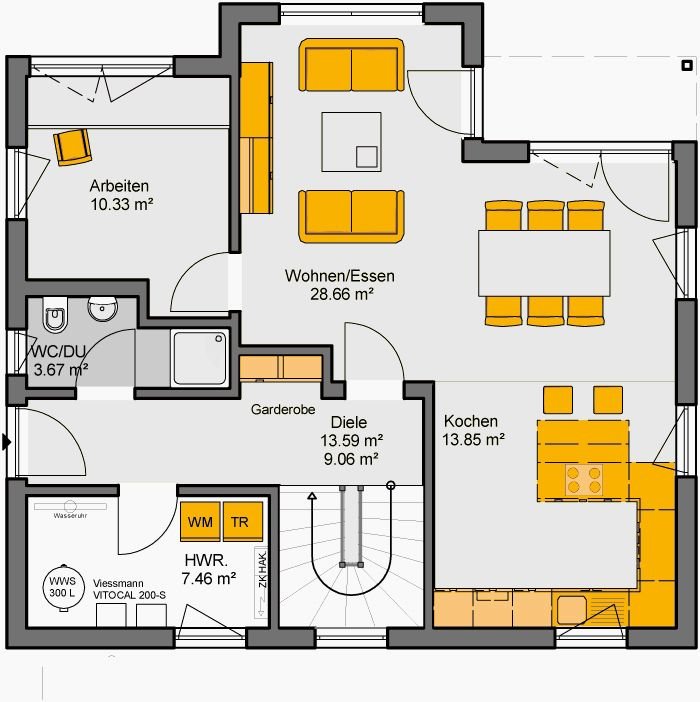 Einfamilienhaus mit Satteldach Grundriss Erdgeschoss - offener Wohnbereich mit Küche und Arbeitszimmer