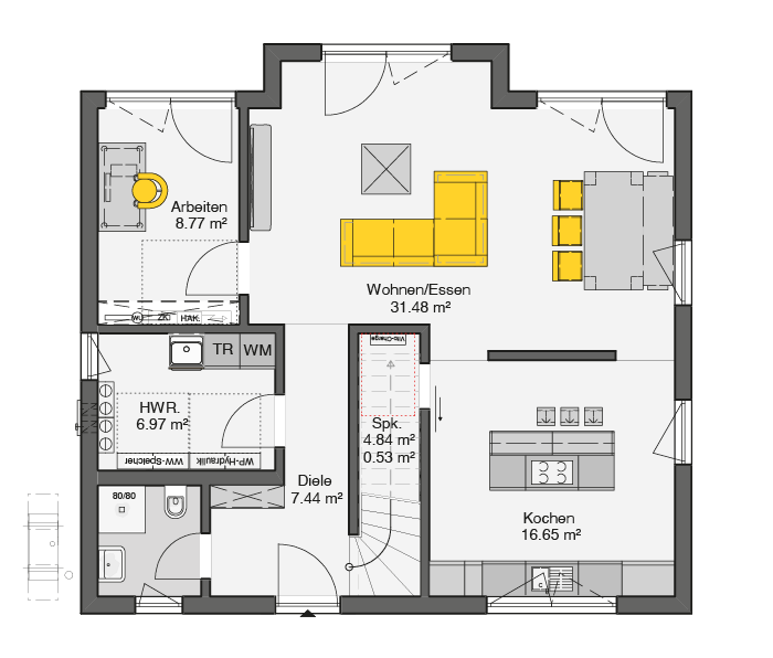 Einfamilienhaus Satteldach Grundriss Erdgeschoss mit offenem Wohn-Essbereich und separatem Arbeitsplatz