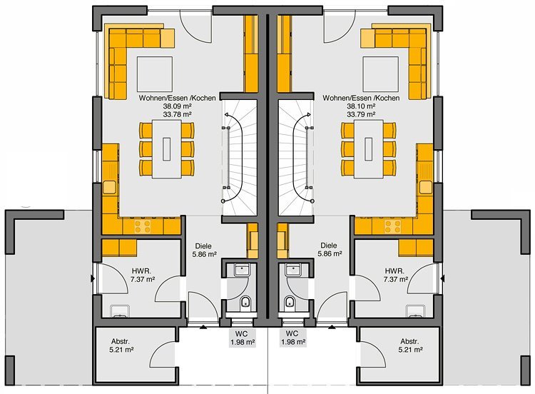 Doppelhaus Grundriss Erdgeschoss mit spiegelbildlichen Wohneinheiten und offenen Wohn-Essbereichen