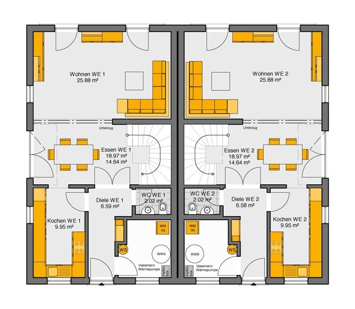Doppelhaus mit Flachdach Grundriss Erdgeschoss – zwei symmetrische Wohneinheiten mit separaten Eingängen
