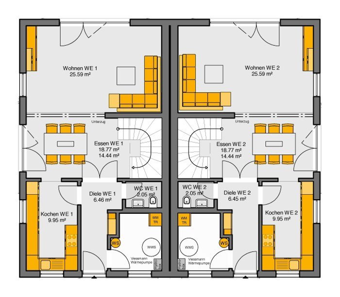Doppelhaus mit Satteldach Grundriss Erdgeschoss mit spiegelgleichen Hälften je Wohnen, Essen, Küche
