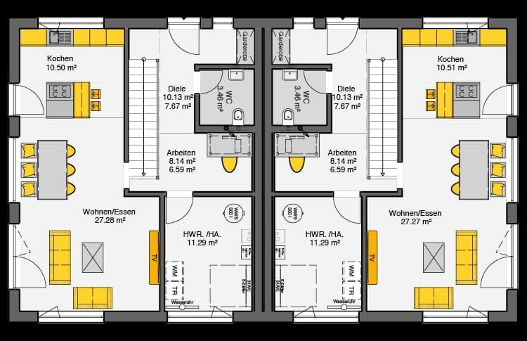 Doppelhaus mit Satteldach Grundriss Erdgeschoss - spiegelbildliche Raumaufteilung mit je 5 Räumen