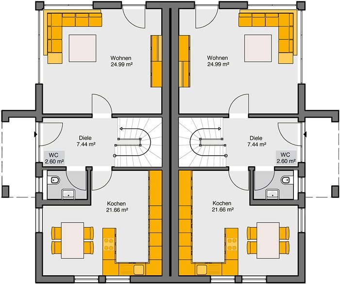 Doppelhaus mit Satteldach Grundriss Erdgeschoss spiegelbildlich symmetrische Raumaufteilung