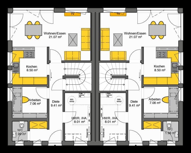 Doppelhaus mit Satteldach Grundriss Erdgeschoss - spiegelbildliche Raumufteilung mit Wohnen, Küche, Arbeiten