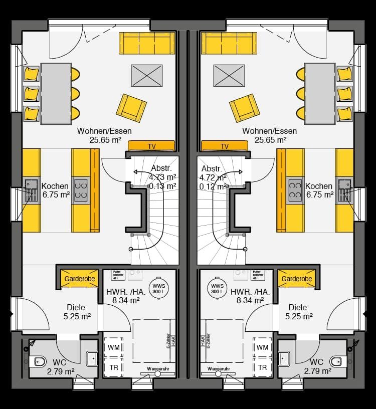 Doppelhaus mit Satteldach Grundriss Erdgeschoss - symmetrische Haushälften mit Wohnen, Küche, HWR