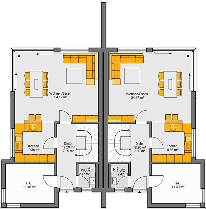 Doppelhaus mit Satteldach Grundriss Erdgeschoss mit spiegelbildlichen Wohneinheiten und separaten Küchen