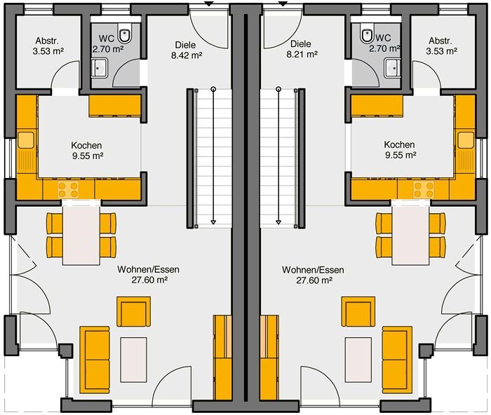 Doppelhaus Flachdach Grundriss Erdgeschoss mit spiegelbildlichen Hälften und zentralen Treppenhäusern