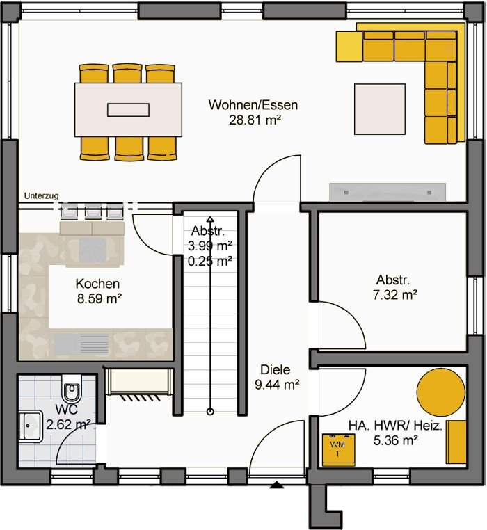 Einfamilienhaus mit Satteldach Grundriss Erdgeschoss - offener Wohn-Essbereich mit Küche und Hauswirtschaftsraum